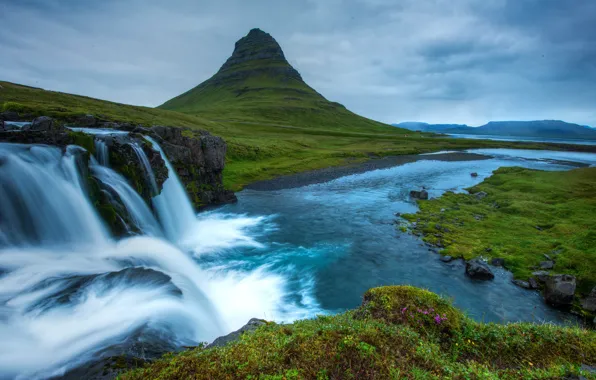 Картинка зелень, гора, водопад, Исландия, Snæfellsnes National Park