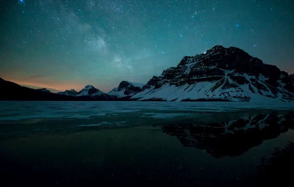 Картинка зима, небо, звезды, горы, ночь, Milky Way, Thawing Bow Lake