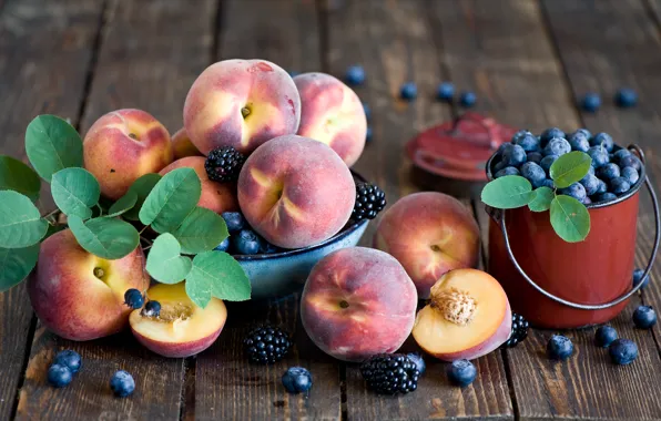 Картинка ягоды, фрукты, персики, ежевика, голубика, ведёрко