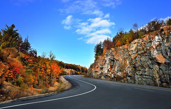 Картинка дорога, осень, деревья, скалы, Канада, Онтарио