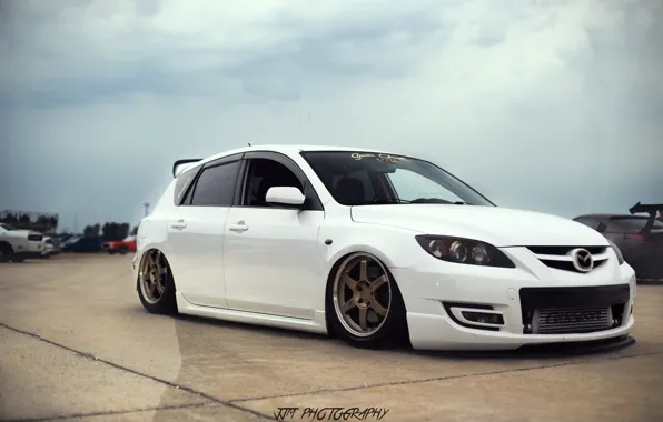 Картинка white, wheels, mazda, japan, jdm, tuning, front, мазда, face, low, stance, stance nation, mps, lowdaily, …