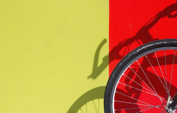 Картинка красный, велосипед, жёлтый, стена, тень, колесо
