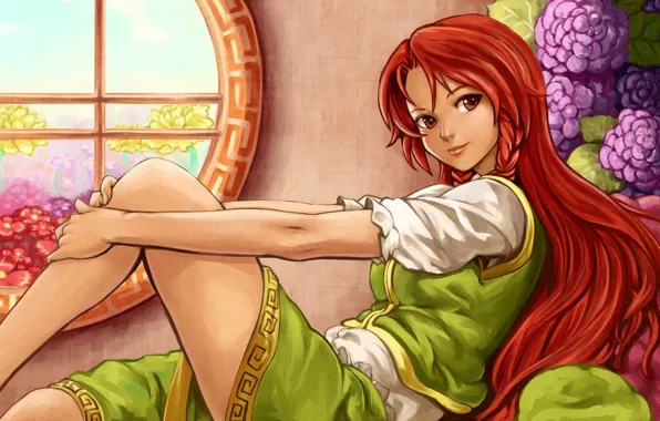 Картинка девушка, цветы, окно, арт, рыжая, touhou, гортензия, shiba murashouji, hong meiling