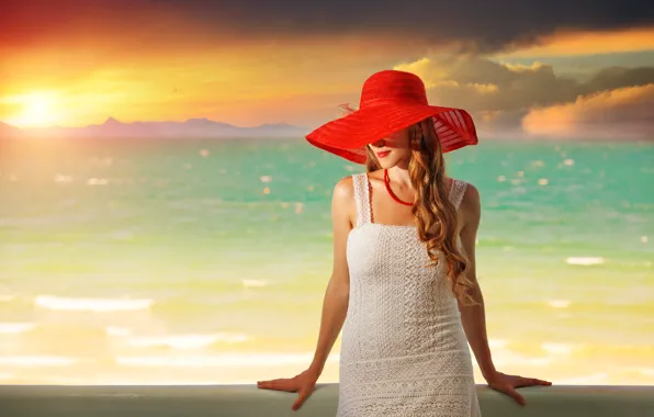 Картинка море, закат, модель, шляпа, платье