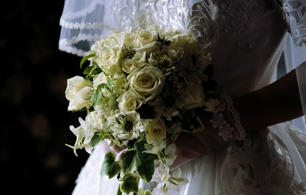 Картинка цветы, букет, платье, невеста, фата, свадьба
