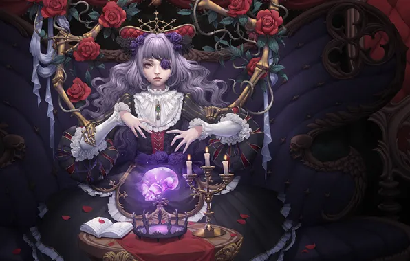 Картинка девушка, череп, розы, свечи, лепестки