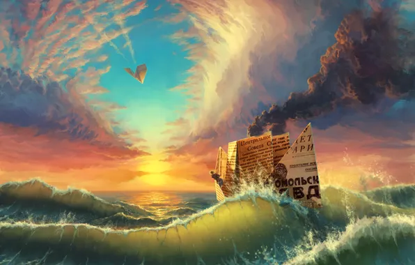 Картинка море, волны, небо, облака, закат, корабль, пар, газета, кораблик, бумажный самолетик, бумажный кораблик