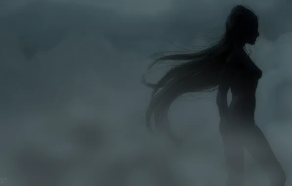 Картинка девушка, туман, рендеринг, силуэт, профиль, длинные волосы, идет