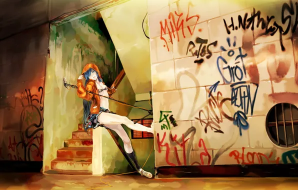Картинка музыка, стена, граффити, аниме, микрофон, вокалоид, мику