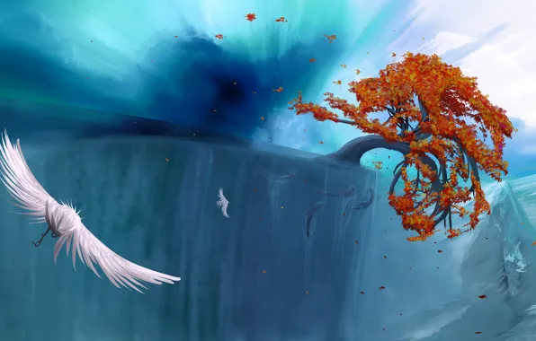 Картинка осень, листья, вода, полет, корни, обрыв, дерево, птица, вид, высота, арт, панорама