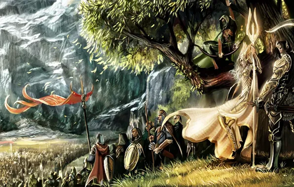 Картинка девушка, дерево, гора, войны, Эльфы, знамёна