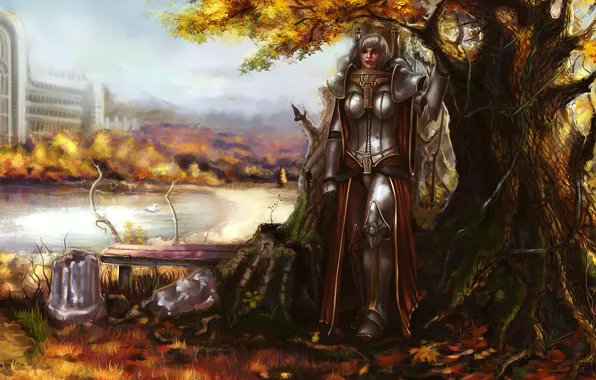 Картинка осень, листья, девушка, скамейка, поза, пруд, дерево, доспехи, Warhammer, Sisters of Battle