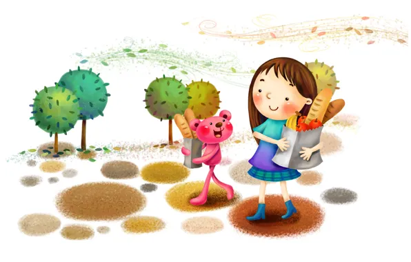 Картинка деревья, улыбка, парк, ветер, рисунок, хлеб, девочка, фрукты, сапожки, зверёк