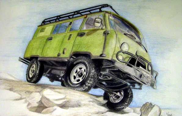 Картинка рисунок, карандаши, полноприводный, специальный грузопассажирский, с колёсной формулой 4×4, «Буханка», двухосный автомобиль повышенной проходимости, УАЗ-452 …