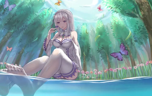 Картинка лес, вода, девушка, бабочки, эльф, anime, art, Emilia, Re: Zero kara Hajimeru Isekai Seikatsu