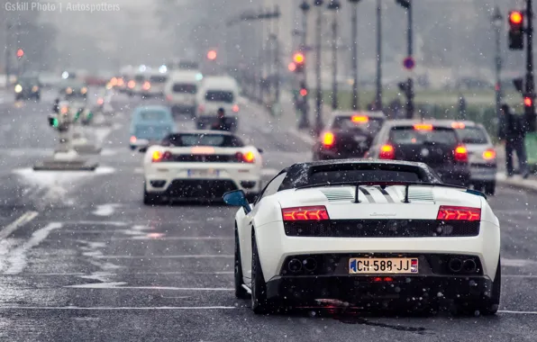 Картинка дорога, снег, Lamborghini, светофор, white, gallardo, ferrari, автомобили, f430