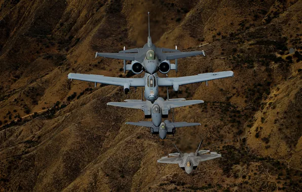 Картинка истребители, полёт, F-22, F-16, F-15, A-10