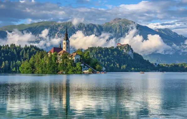 Картинка горы, озеро, церковь, островок, Словения, Lake Bled