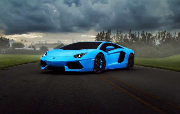 Картинка тучи, Lamborghini, supercar, blue, Aventador, hq wallpaper