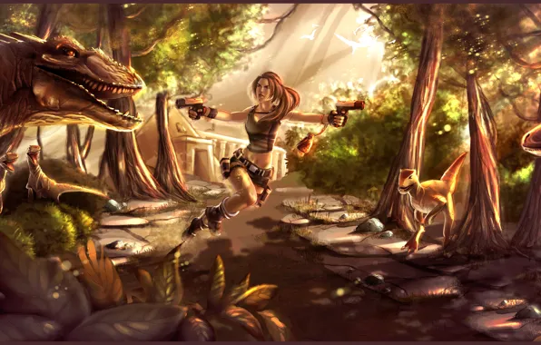 Картинка девушка, деревья, камни, пистолеты, игра, нападение, динозавры, lara croft, tomb raider
