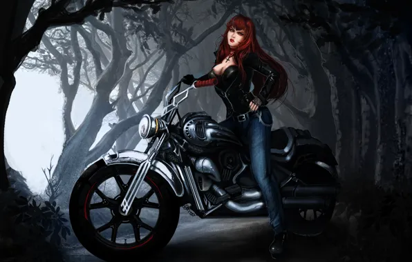 Картинка лес, девушка, деревья, арт, мотоцикл, вампир, рыжая, байк, vampire queen