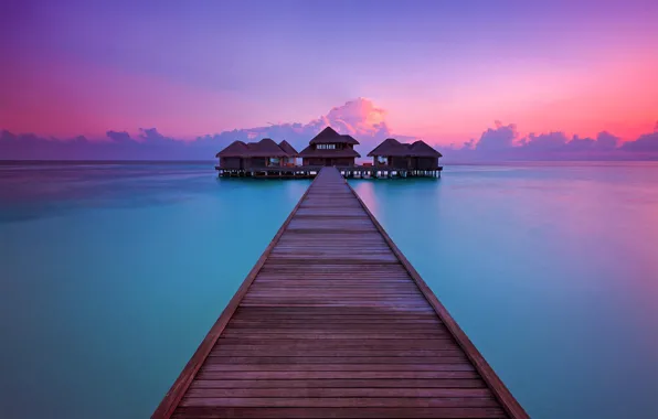 Картинка закат, океан, пирс, курорт, бунгало, Maldives, Per Aquum, Fushi, Huvafen