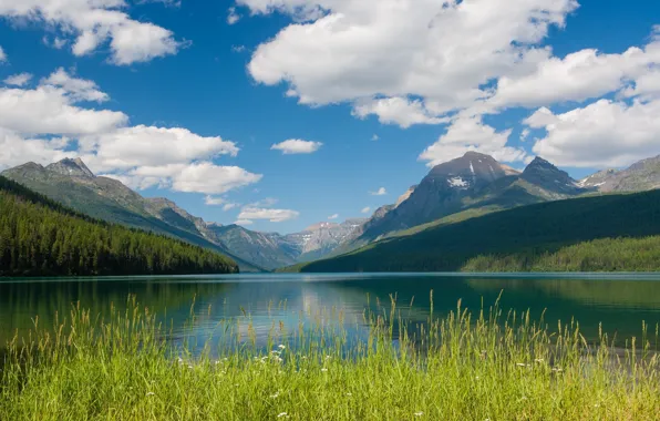 Картинка облака, горы, озеро, Монтана, Glacier National Park, Montana, Национальный парк Глейшер, Bowman Lake