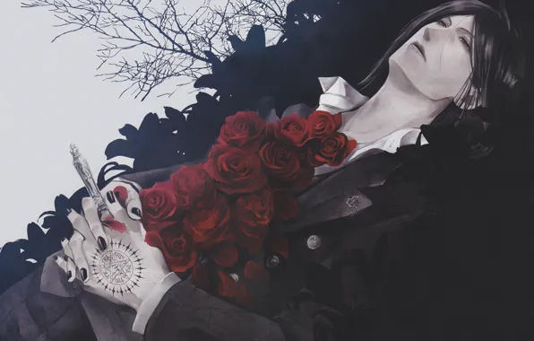 Картинка розы, нож, красные глаза, пентаграмма, алые, скорбь, Kuroshitsuji, Sebastian Michaelis, дьявольский дворецкий