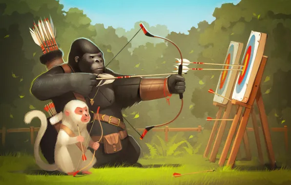 Картинка лес, лук, арт, обезьяна, горилла, стрелы, лучник, тренировка