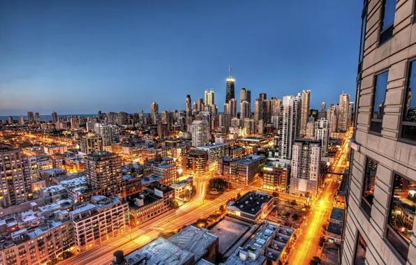Картинка город, здания, дома, небоскребы, вечер, выдержка, Чикаго, USA, Иллинойс, Chicago, Illinois, высотки