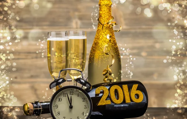 Картинка часы, бутылка, Новый Год, бокалы, golden, шампанское, New Year, clock, Happy, champagne, 2016