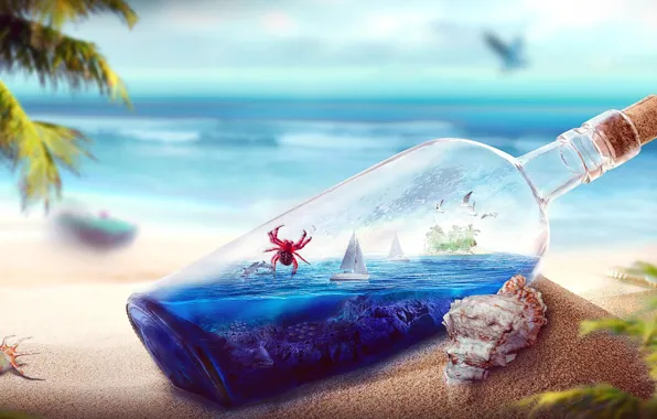 Картинка океан, лодка, остров, бутылка, краб, Пляж