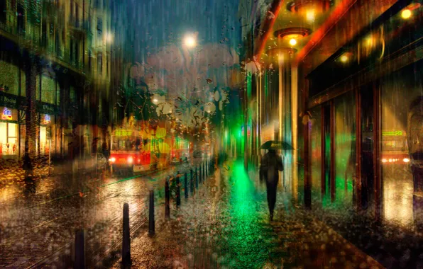Картинка ночь, дождь, Прага, трамвай