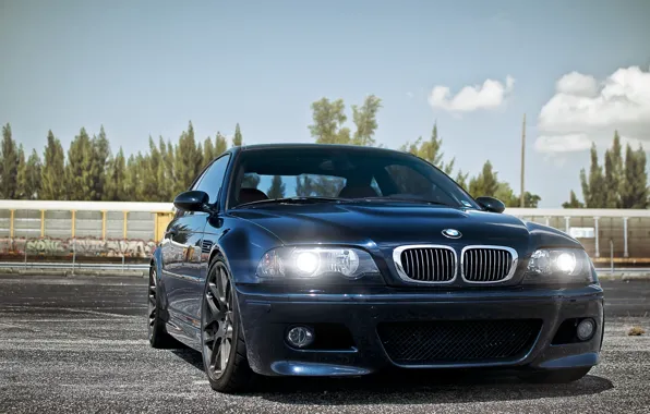 Картинка небо, синий, фары, тюнинг, BMW, БМВ, tuning, передок, E46
