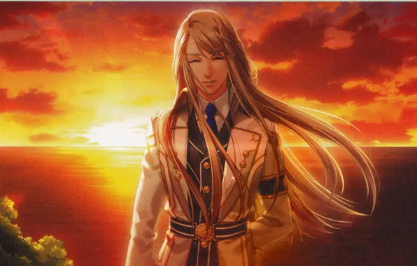 Картинка море, небо, закат, улыбка, парень, длинные волосы, art, военная форма, visual novel, Kamigami no Asobi, …