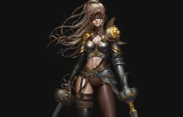 Картинка девушка, поза, оружие, фон, волосы, арт, повязка, броня, мечи, ремешки