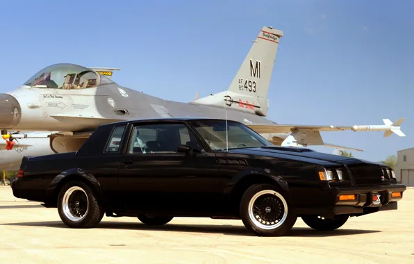 Картинка небо, чёрный, истребитель, Бьюик, самолёт, передок, Buick, 1987, Гранд Нэйшнл, GNX, Grand National