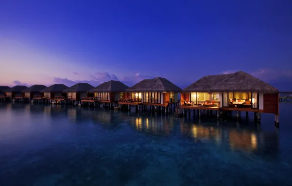 Картинка океан, вечер, курорт, бунгало, Maldives, resort
