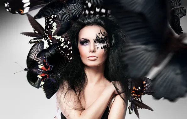 Картинка девушка, бабочки, лицо, фотошоп, макияж
