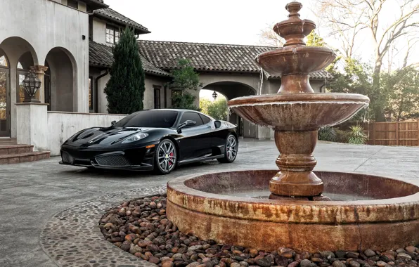 Картинка дом, черная, фонтан, F430, Ferrari, суперкар, феррари, Black