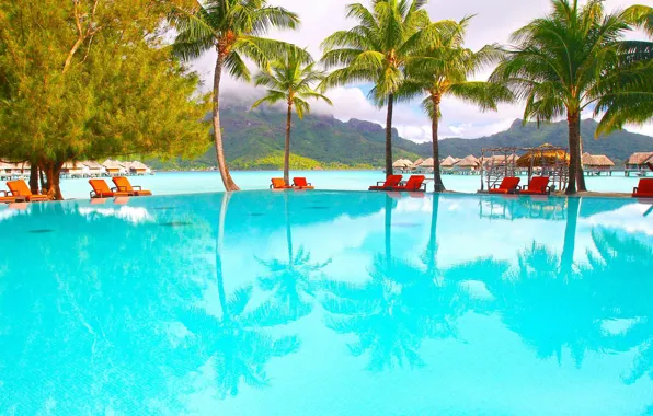 Картинка пальмы, берег, бассейн, отель, лагуна, Bora-Bora, Polynesia