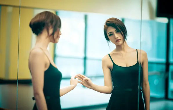 Картинка девушка, отражение, платье, зеркало, азиатка