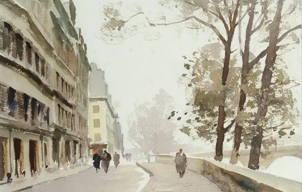 Картинка картина, акварель, городской пейзаж, Эдуард Сиго, Ноябрь. Иль-де-ла-Сите. Париж