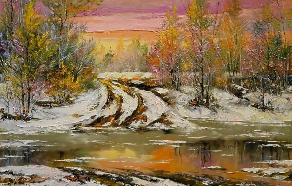 Картинка зима, вода, снег, закат, река, картина, весна, вечер, живопись, разлив, половодье, Ходюков, мастихин