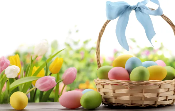 Картинка цветы, корзина, яйца, Пасха, лента, тюльпаны, бант, flowers, spring, Easter, eggs