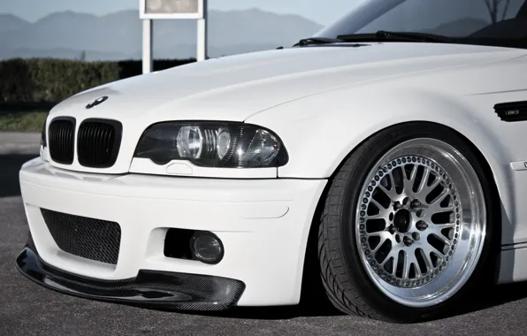 Картинка белый, бмв, фара, колесо, BMW, white, E46