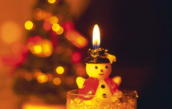 Картинка новый год, свеча, снеговик, огонек
