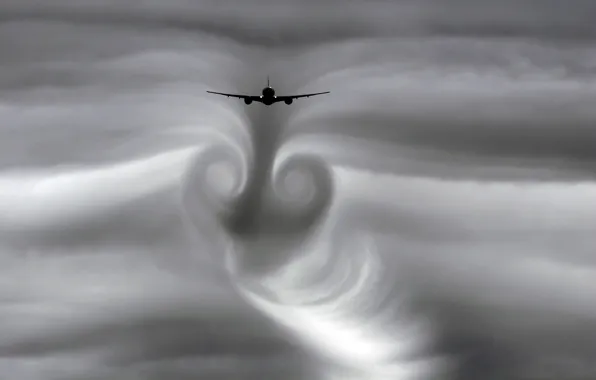 Картинка облака, лайнер, завихрения