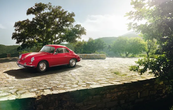 Картинка небо, деревья, купе, Porsche, Порше, классика, Coupe, передок, 1963, 1600, 356C