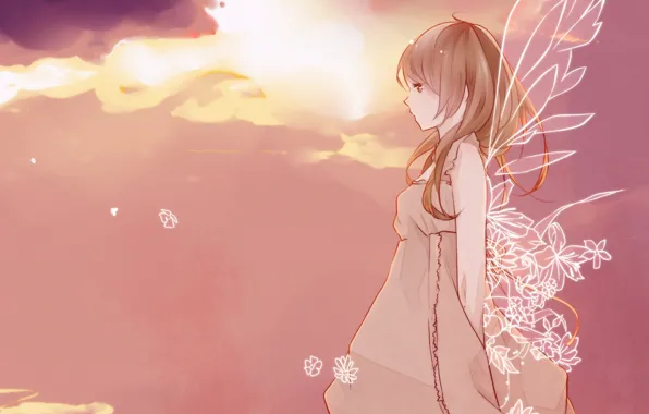 Картинка небо, девушка, облака, цветы, крылья, аниме, арт, sekiyu